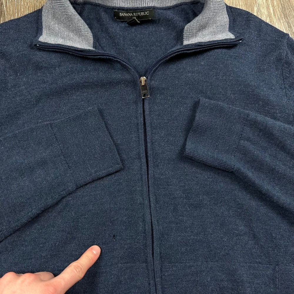 Banana Republic Mens Merino Wool Full Zip Sweater Blue Mock Neck Cardigan Medium - Picture 2 of 7